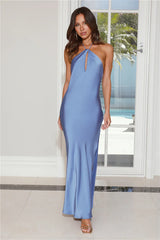 LILISROSE Admired From All Angles Satin Halter Maxi Dress Blue