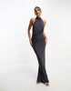 mesh twist bust detail halter maxi dress with tie back neck in charcoal gray