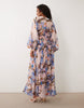 long sleeve blouson maxi dress with gauged ruched waist detail in romantic floral print