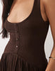 crinkle button through midi dress in chocolate