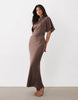 satin high neck blouson maxi dress with flutter sleeve in light brown