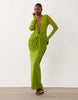 mesh deep plunge neck long sleeve midi dress with draping in green