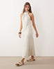 textured knit halterneck midi dress in cream and light green stripes