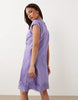 Petite slash neck satin mini dress with lace hem in lilac