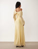 printed off the shoulder draped neck long sleeve maxi dress in lemon polka dot