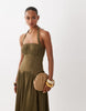 sweetheart neck shirred midaxi dress in brown