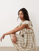 scoop neck mini smock dress with ruffles in tan plaid