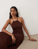 Miss Selfridge linen mix halter maxi dress in chocolate