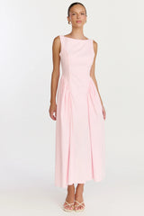 Casina Midi Dress - Boat Neck Tie Back Fit And Flare Dress in Pale Pink